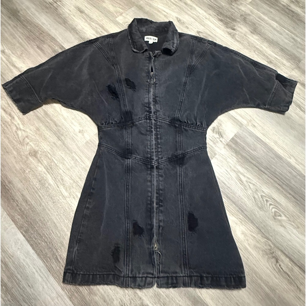 Malibu‎ Bum Black Distressed Denim Zip Front Mini Dress Small Batwing Sleeve